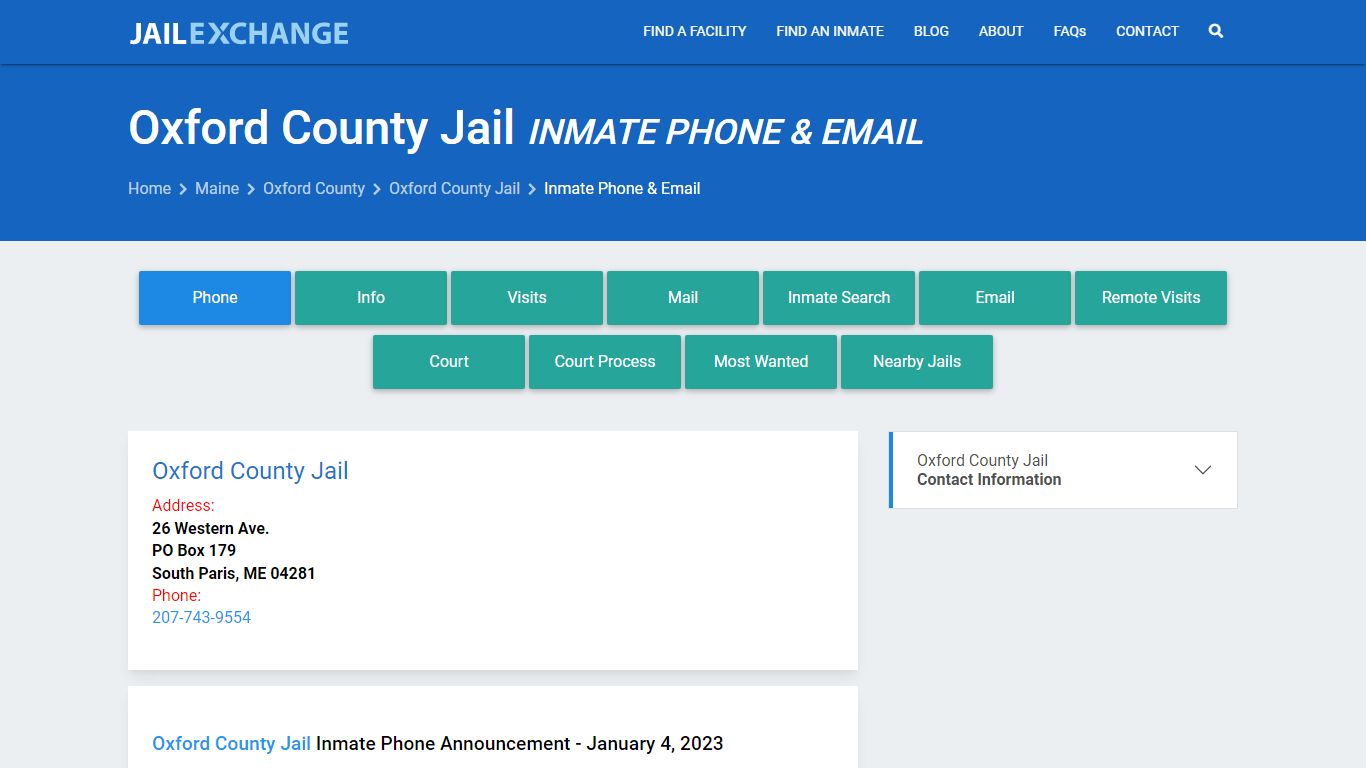 Inmate Phone - Oxford County Jail, ME - Jail Exchange