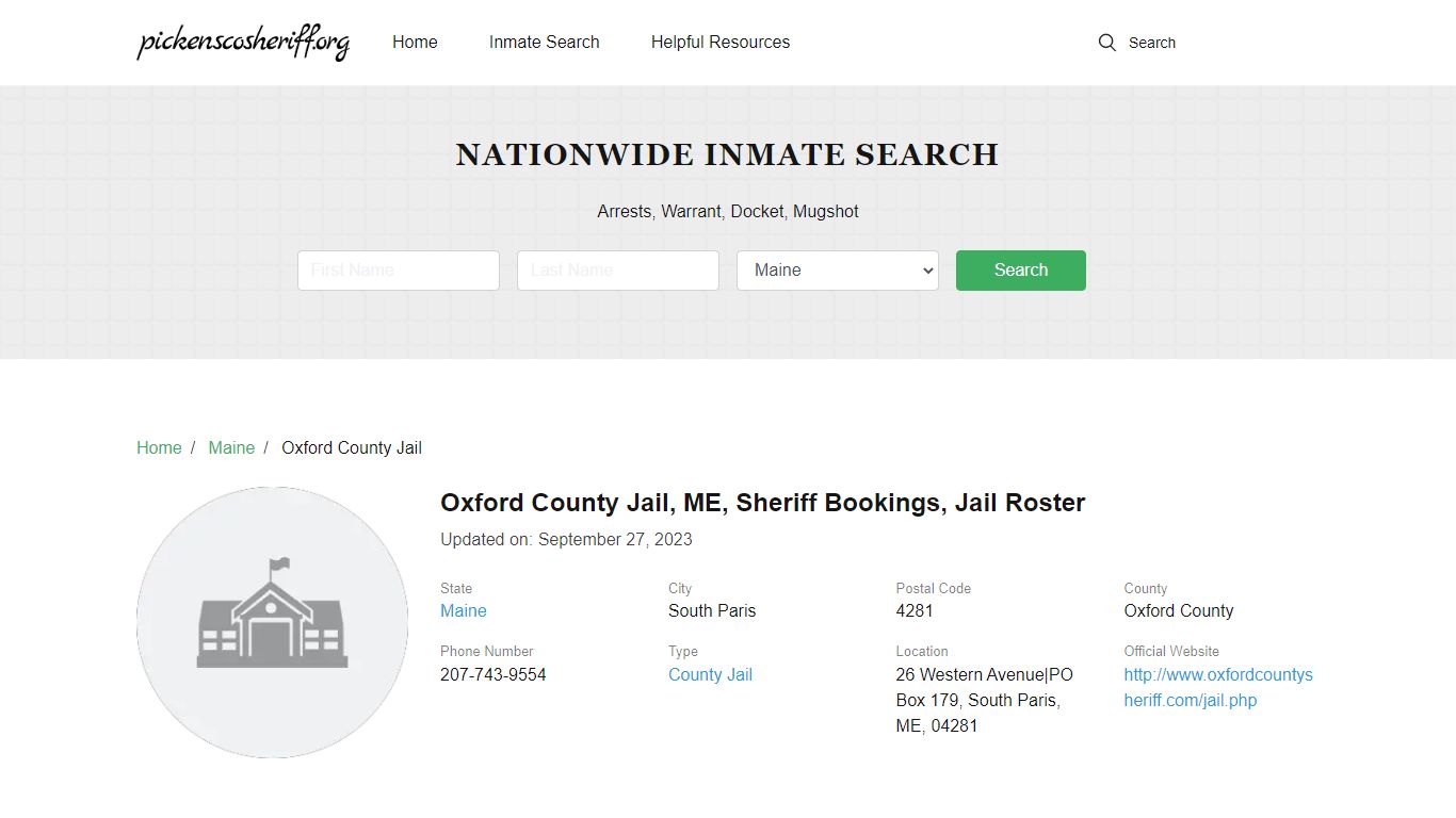 Oxford County Jail, ME, Sheriff Bookings, Jail Roster